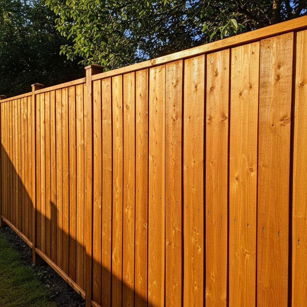 Freshly stained wooden privacy fence by Spotless Deck Staining in Waterloo, Ontario
