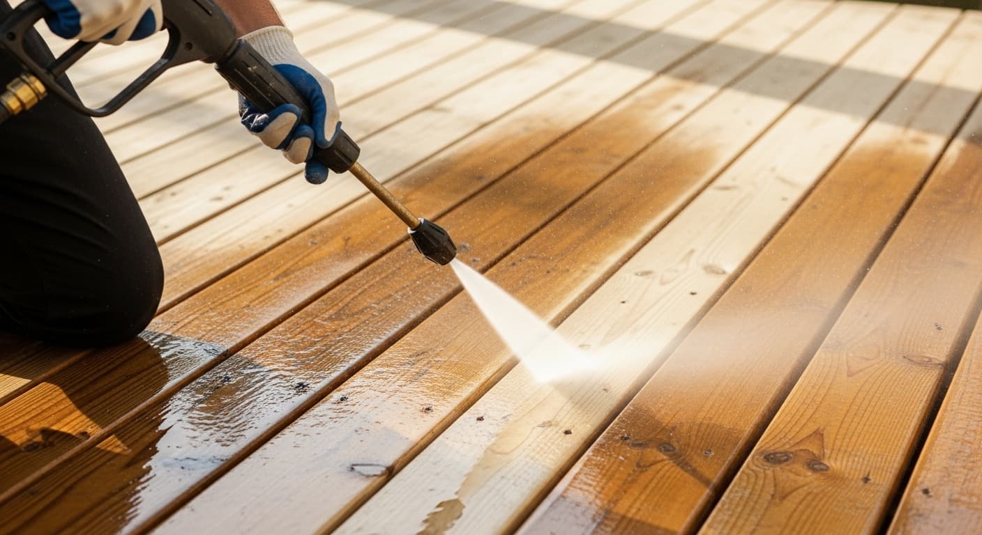 Power washing a weathered deck during prep work by Spotless Deck Staining in Guelph, Ontario