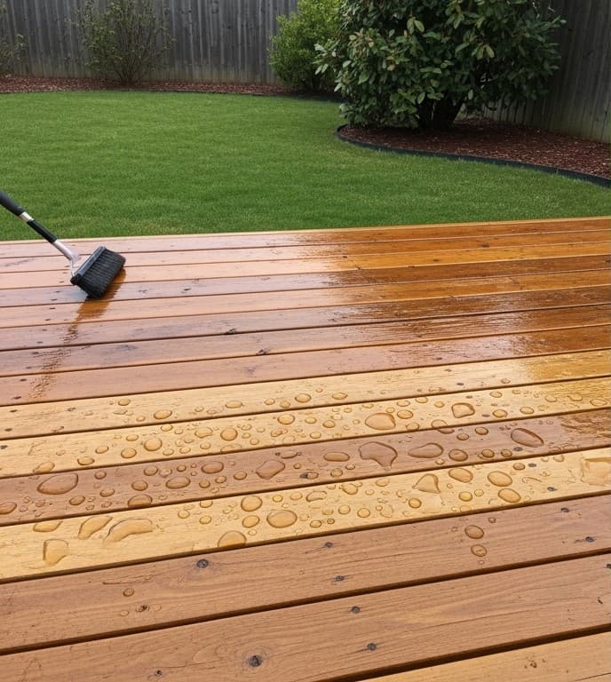 Clear protective sealer being applied to a hardwood deck in Cambridge, Ontario
